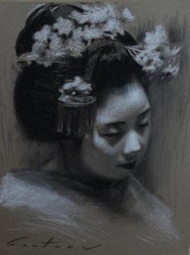 Kanoemi - charcoal drawing on toned paper - geisha art