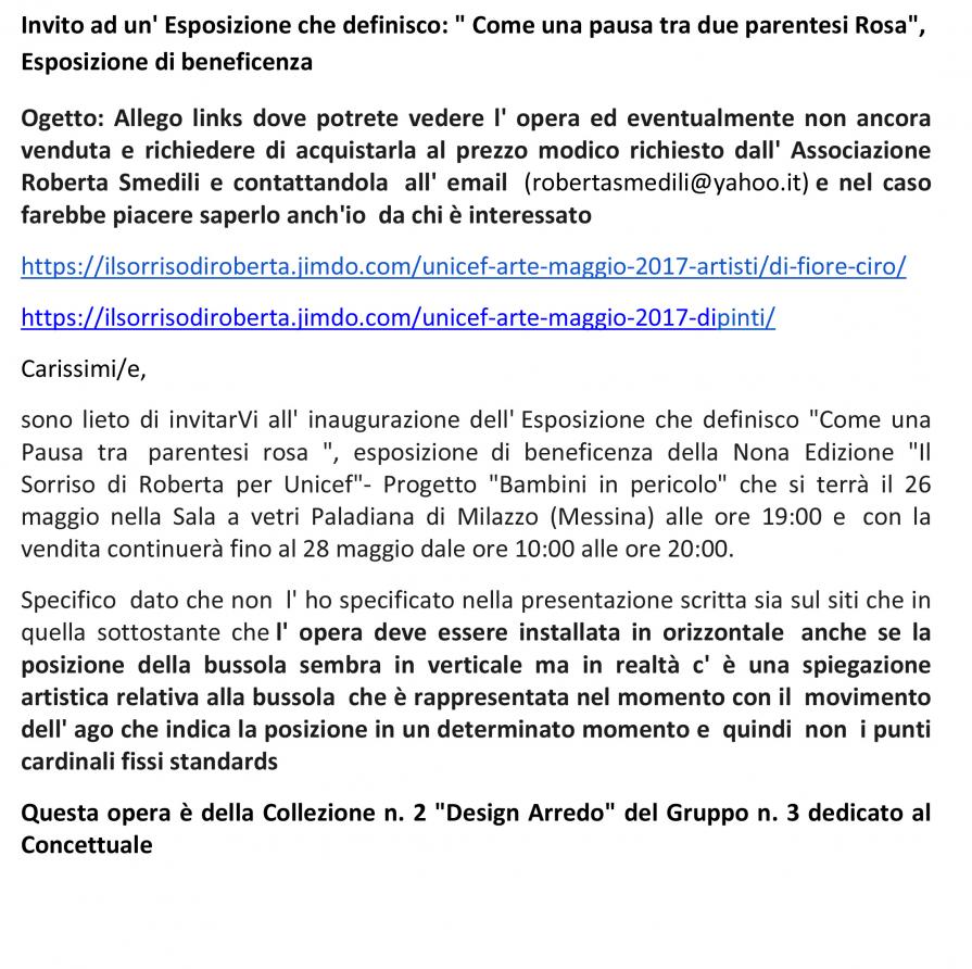 Invito Email per l' Esposizione Collettiva  Artistica Internazionale  di beneficenza per il Progetto “Bambini in pericolo” della Nona Edizione “Il Sorriso di Roberta per Unicef”