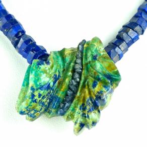 necklace; chrysocolla with sapphire, on lapis