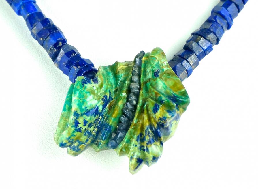 necklace; chrysocolla with sapphire, on lapis