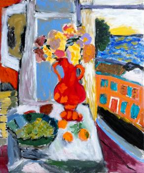 RED FLOWER VASE WITH FRUITS NEAR A WINDOW