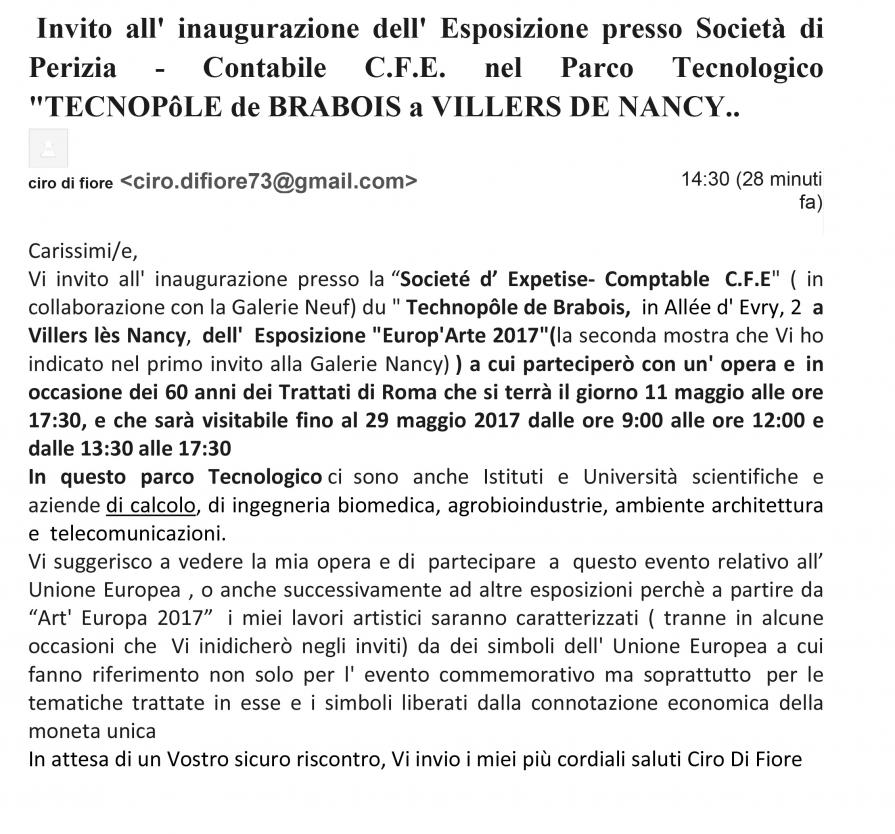 Invito email per Europ' Art 2017 al Parco Tecnologico di Brabois a Villers lès Nancy