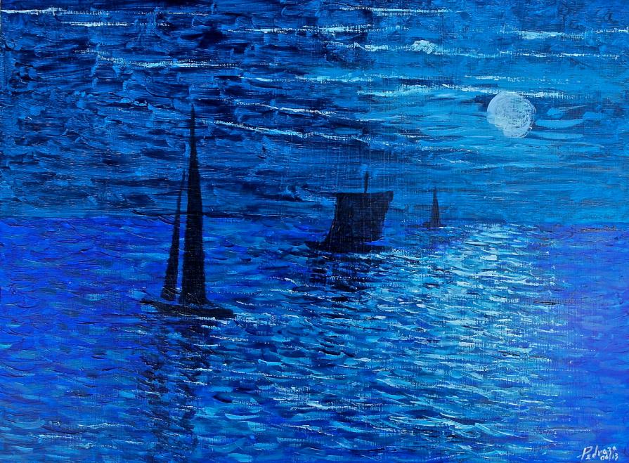 From the series "Seascapes moonlit nights" "Three sailboats in moonlit night"