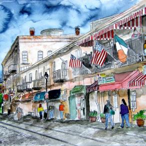 Savannah River Street pen and ink drawing watercolor painting