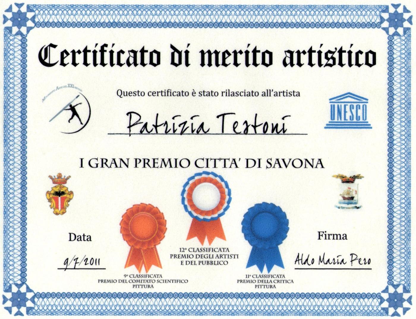 CERTIFICATE OF MERIT BUT ARTISTIC PROF.ALDO PERO