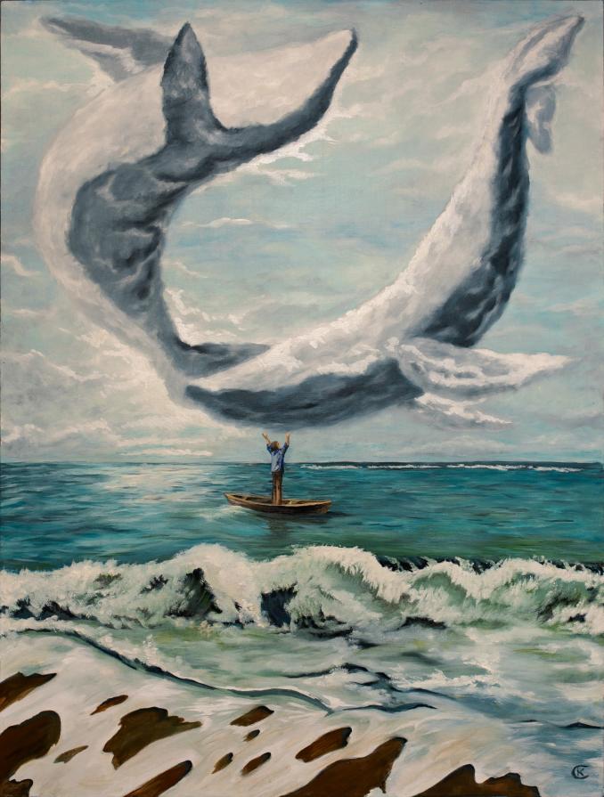 "A young man playing with cloud whales"