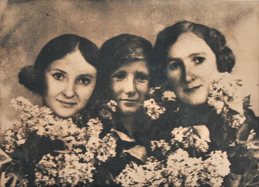 Amongst the lilacs with Grandma and Mom - colored cyanotype