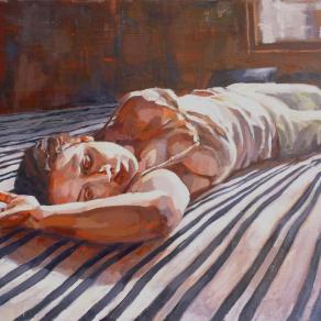 Woman on a Striped Bed Sheet