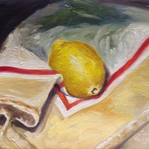 limone su tovagliolo di cucina olio su tela 25 x 20 cm  