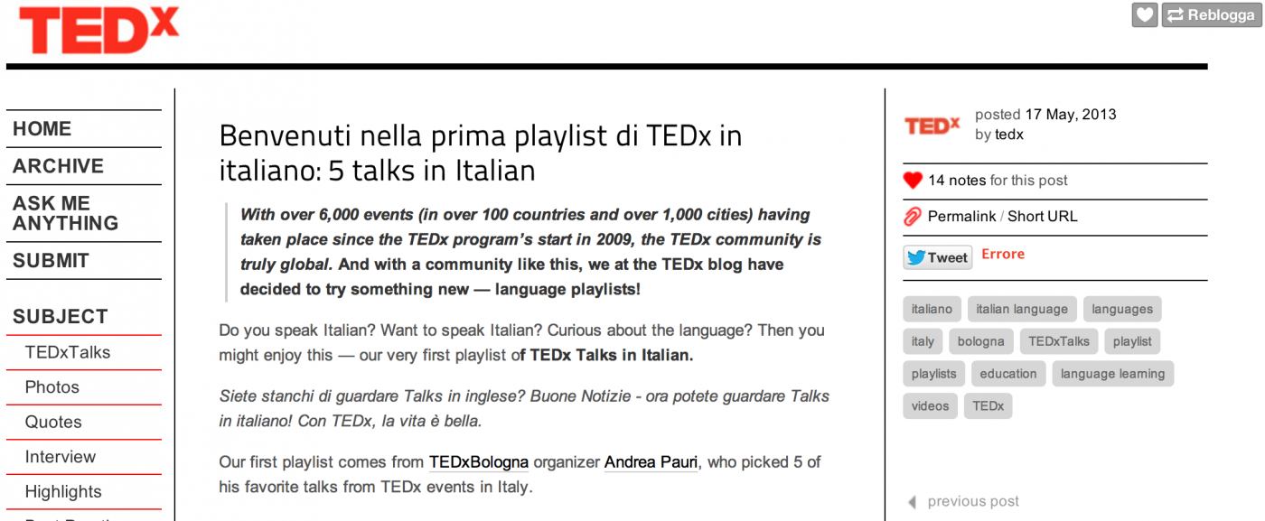 Prima Playlist dei video TEDx Italiani