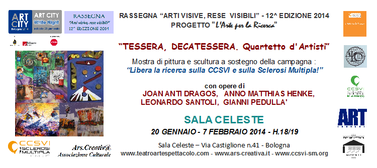 Invito Mostra collettiva "Tessera, Decatessera. Quartetto d'Artisti" a Bologna in Sala Celeste