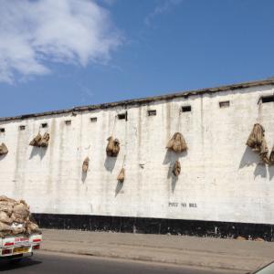 Six and Fours: Prison Anxieties, 2013, jute rope, jute sack, found material, metal scaffold, dimensions variable