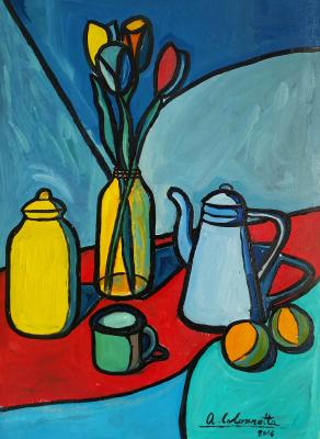 Natura morta con caffettiera smaltata e tulipani - Still life with enamelled coffee pot and tulips