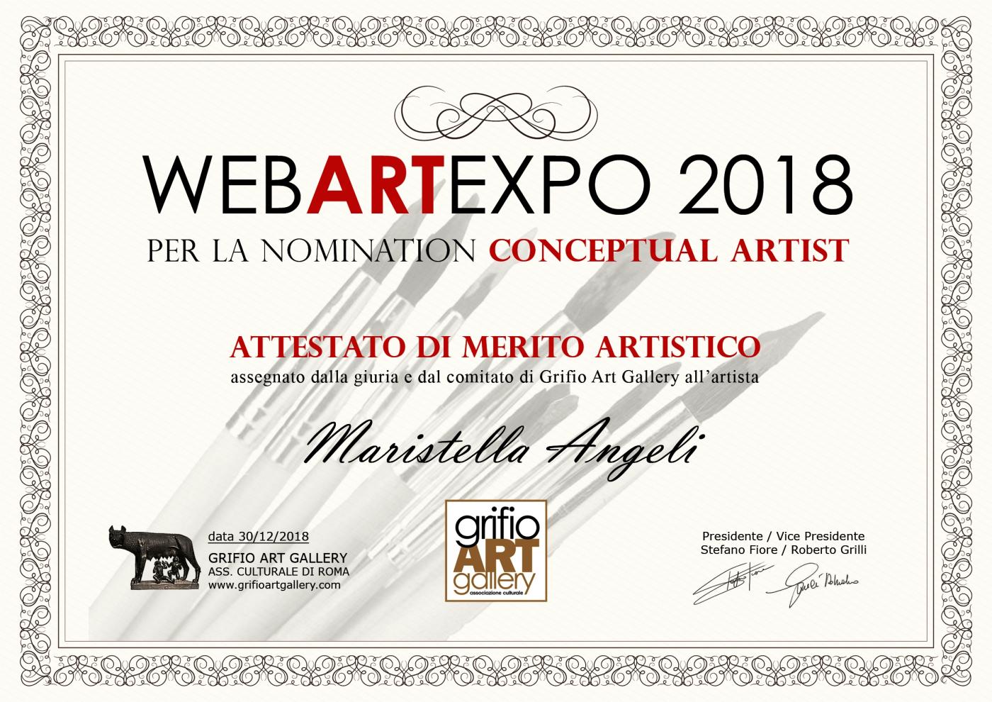 Maristella Angeli receives the Certificate of Artistic Merit "WebArtExpo 2018"