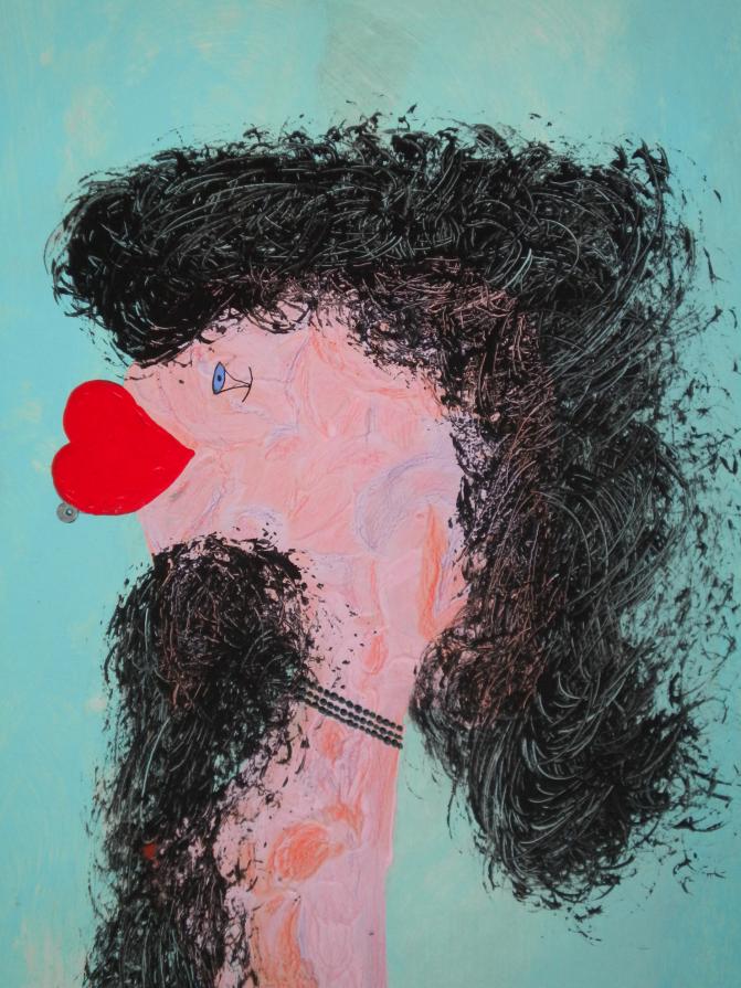 bearded lady with emerald necklace mixed media on cardboard  50 x 35 cm 201