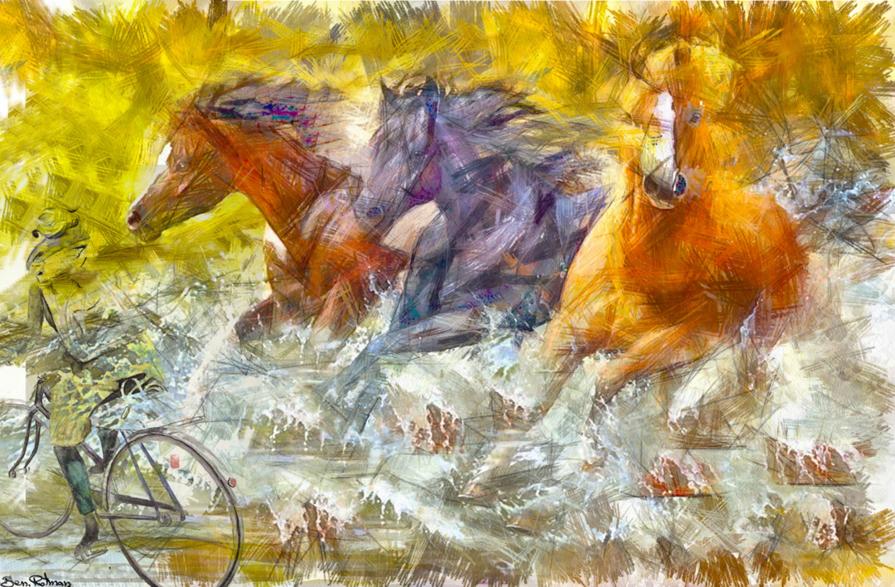 Horses gallop through water after a bicycle